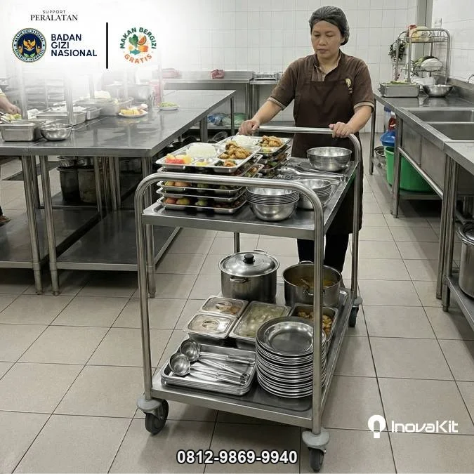 Service Trolley 2 Tiers Standar Dapur MBG | Troli Instrumen 2 Susun